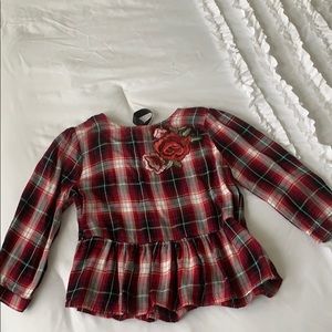 Plaid blouse with embroidered flowers